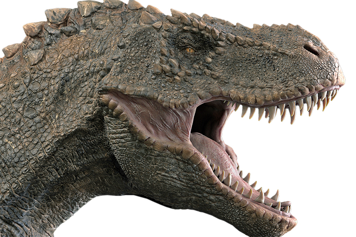 En närbild på en dinosaurie som gapar och visar alla sina vassa tänder.