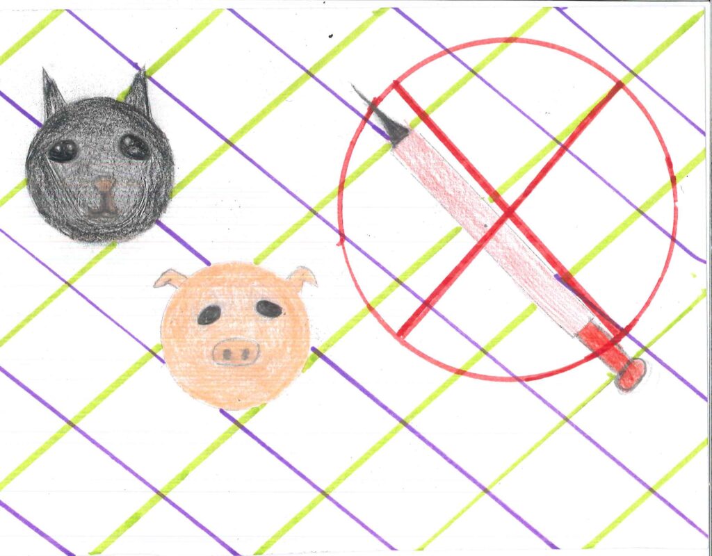 Tyras teckning på en gris och katt och en överkryssad spruta.