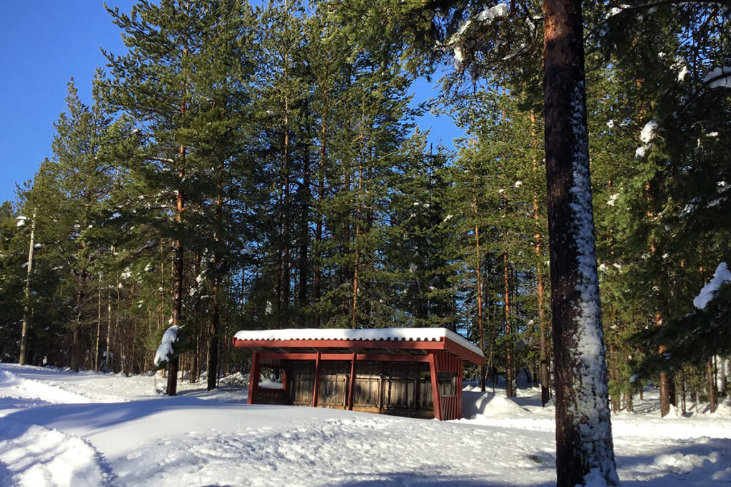 Ett rött vindskydd, granskog och snö.