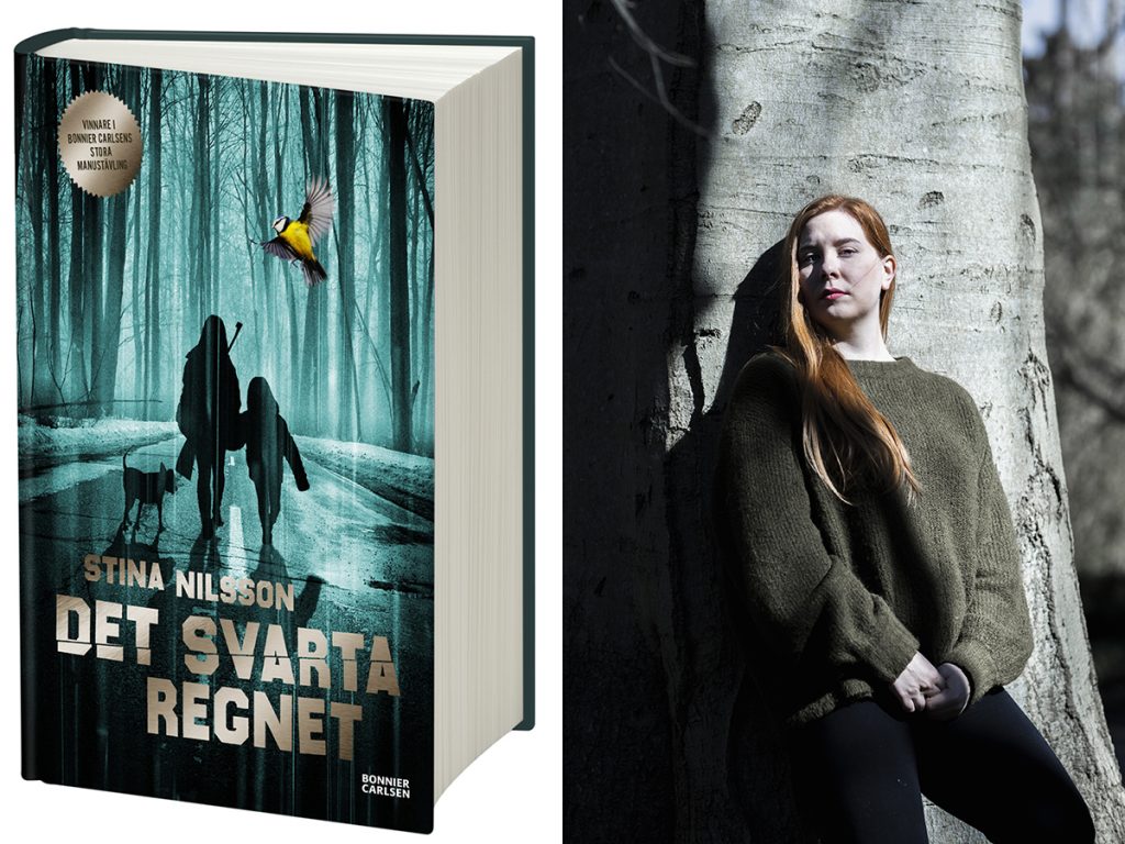 Stina Nilsson plus bokomslaget till Det svarta regnet.